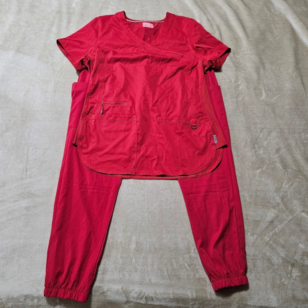 Red Scrub Set V-Neck Top Medium Jogger Pants Large